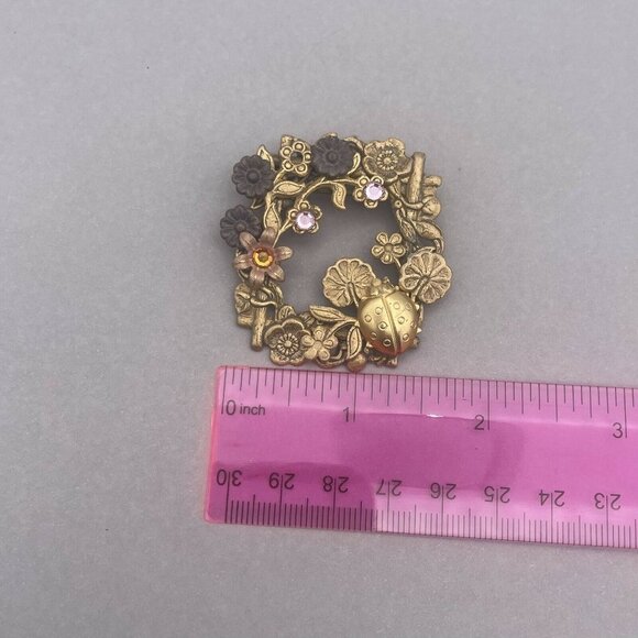 Vintage Flower Cluster Rhinestone Lady Bug Brooch Pin Textured Gold Tone - Picture 6 of 6